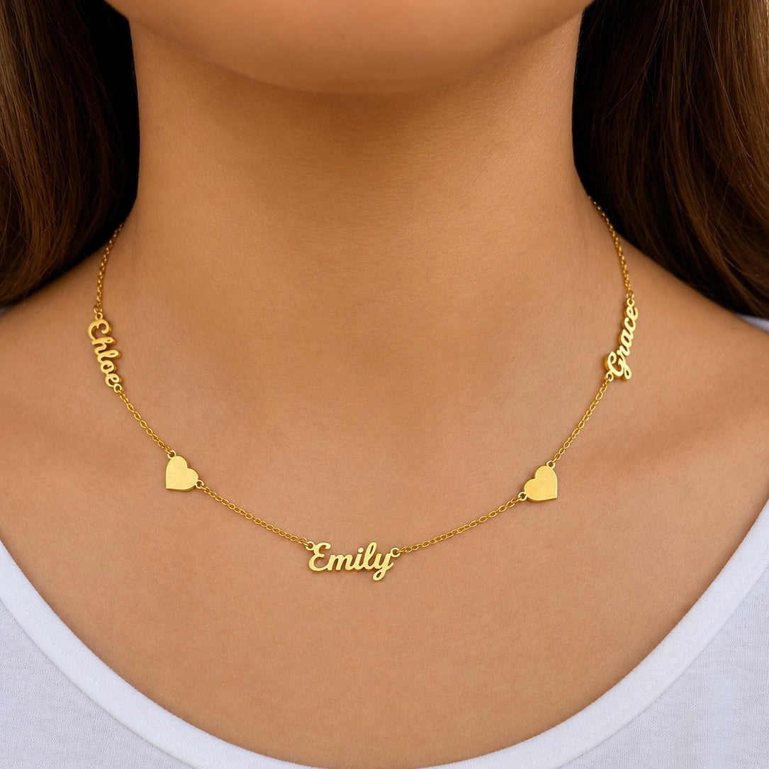 Personalized Family Name with Heart Necklace, Custom Names Jewelry, Mom Gift, Couple Gift
