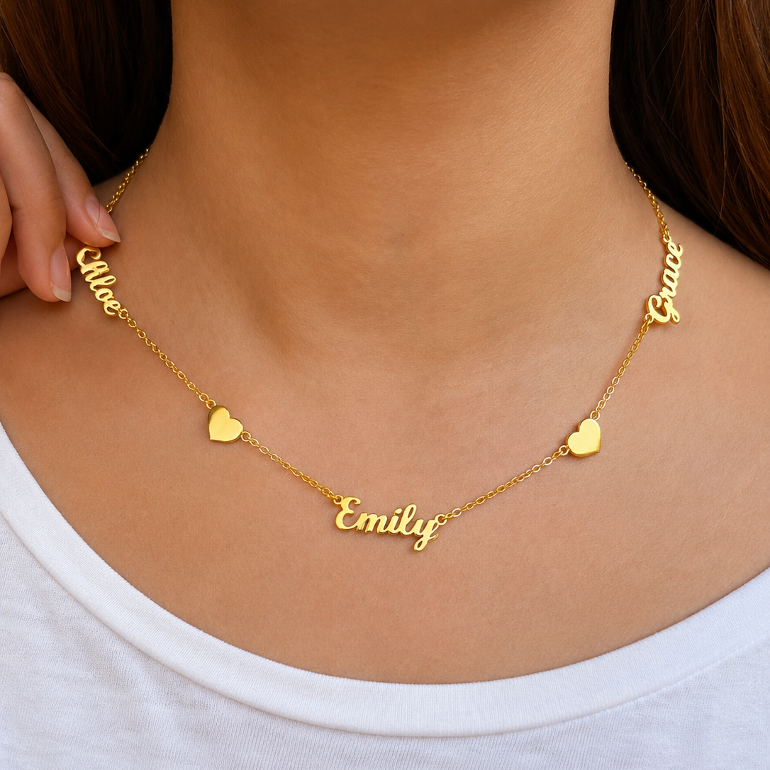 Personalized Family Name with Heart Necklace, Custom Names Jewelry, Mom Gift, Couple Gift