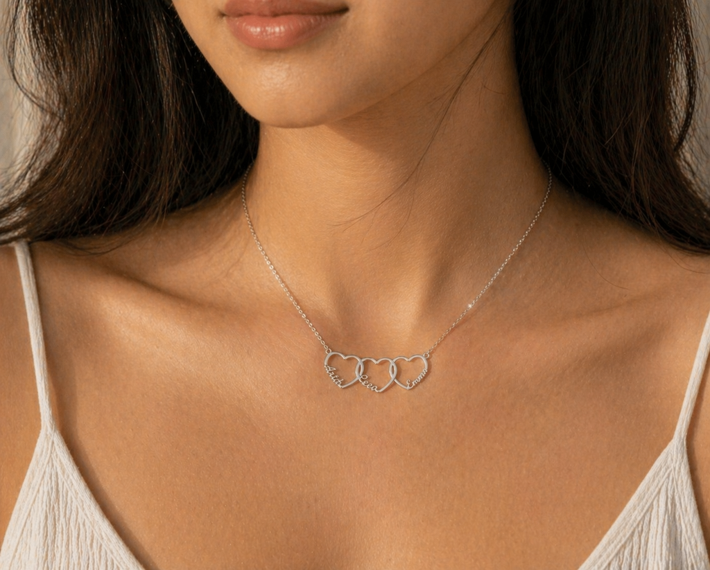 Personalized Interlinked Heart Necklace, Custom Family Names, Gold Silver Plated Pendant with Kids Names
