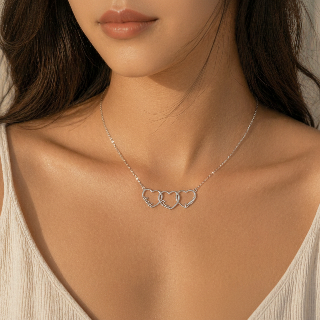 Personalized Interlinked Heart Necklace, Custom Family Names, Gold Silver Plated Pendant with Kids Names