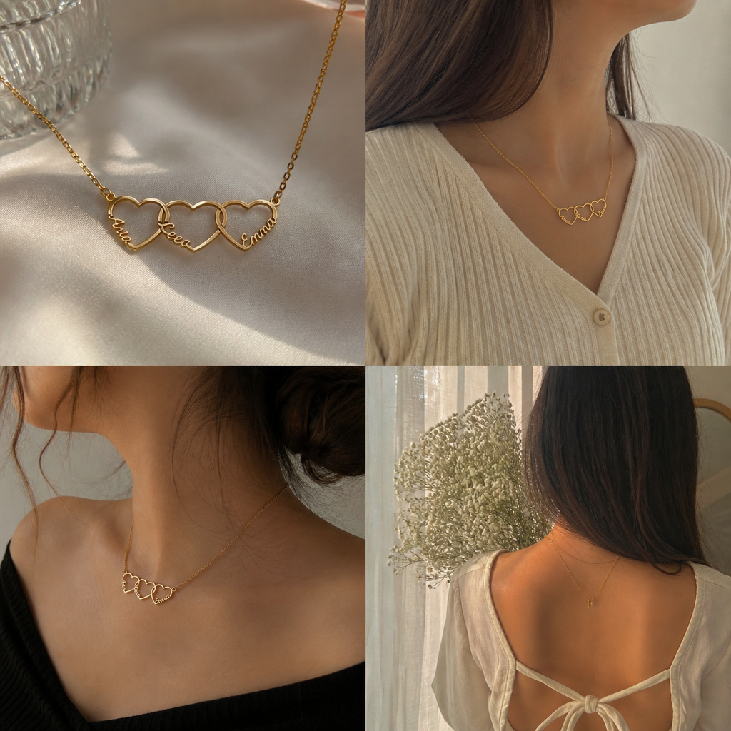 Personalized Interlinked Heart Necklace, Custom Family Names, Gold Silver Plated Pendant with Kids Names