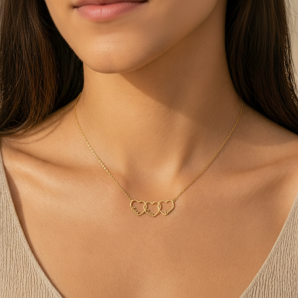 Personalized Interlinked Heart Necklace, Custom Family Names, Gold Silver Plated Pendant with Kids Names