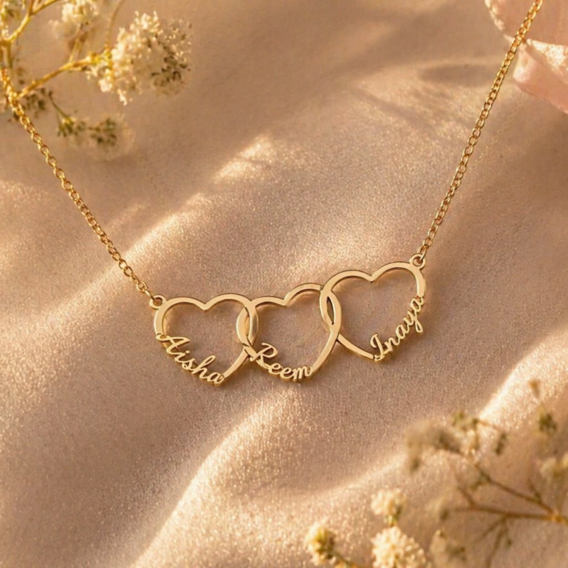 Personalized Interlinked Heart Necklace, Custom Family Names, Gold Silver Plated Pendant with Kids Names