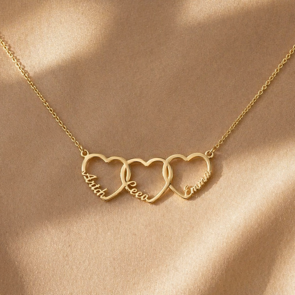 Personalized Interlinked Heart Necklace, Custom Family Names, Gold Silver Plated Pendant with Kids Names