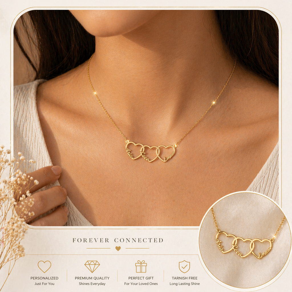 Personalized Interlinked Heart Necklace, Custom Family Names, Gold Silver Plated Pendant with Kids Names