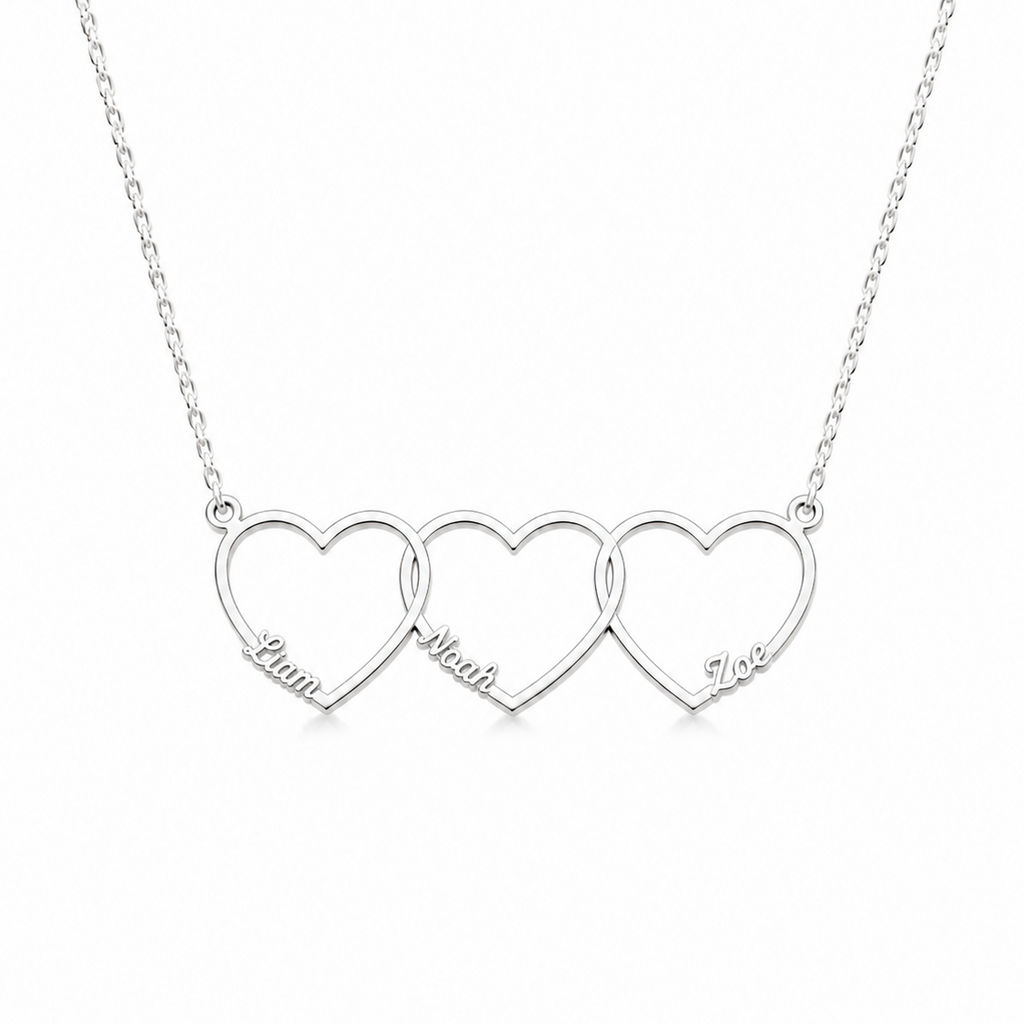 Personalized Interlinked Heart Necklace, Custom Family Names, Gold Silver Plated Pendant with Kids Names