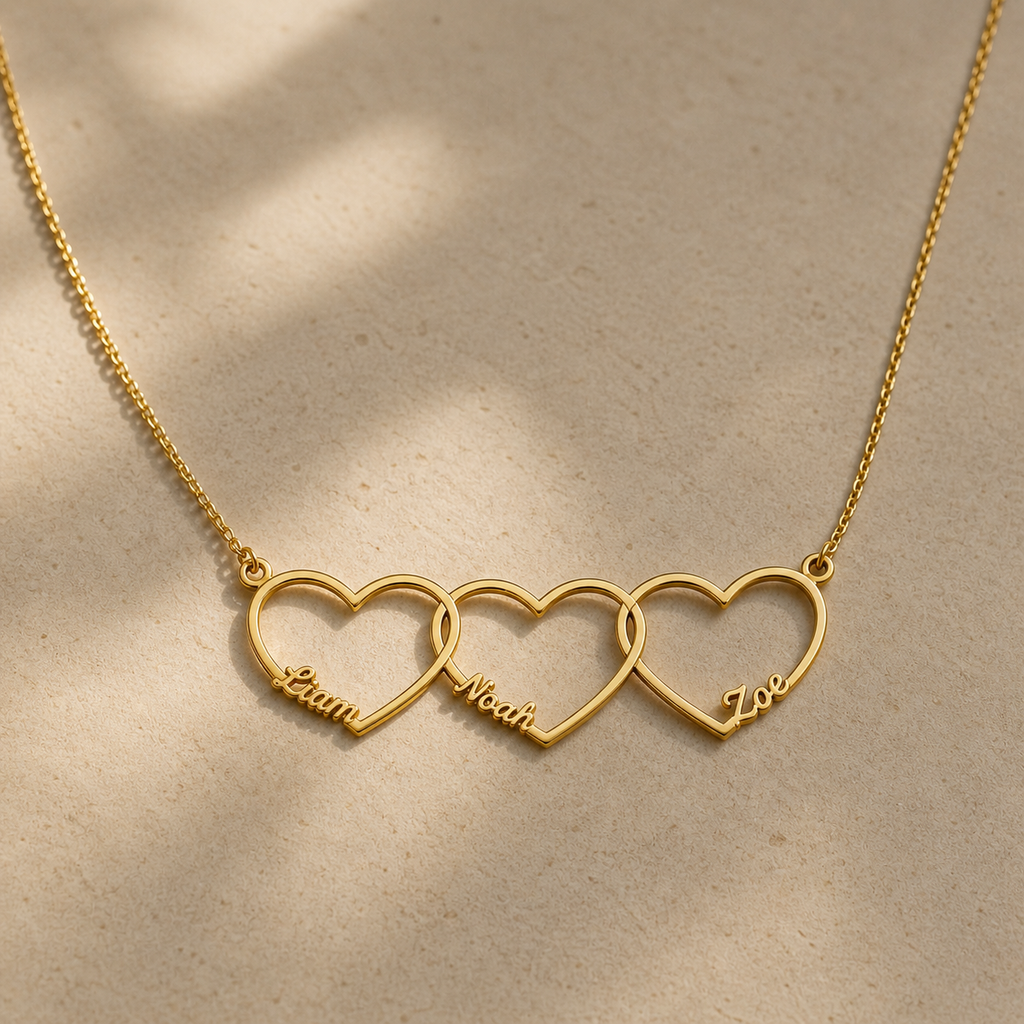 Personalized Interlinked Heart Necklace, Custom Family Names, Gold Silver Plated Pendant with Kids Names