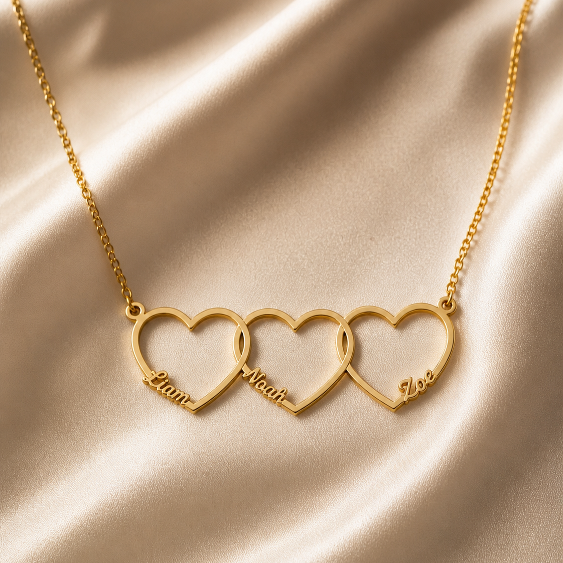 Personalized Interlinked Heart Necklace, Custom Family Names, Gold Silver Plated Pendant with Kids Names