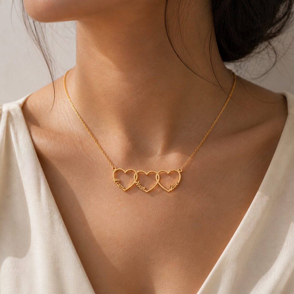 Personalized Interlinked Heart Necklace, Custom Family Names, Gold Silver Plated Pendant with Kids Names