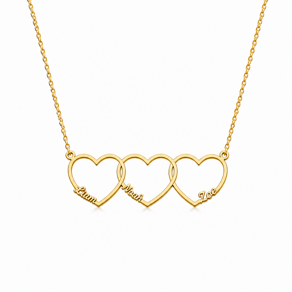 Personalized Interlinked Heart Necklace, Custom Family Names, Gold Silver Plated Pendant with Kids Names